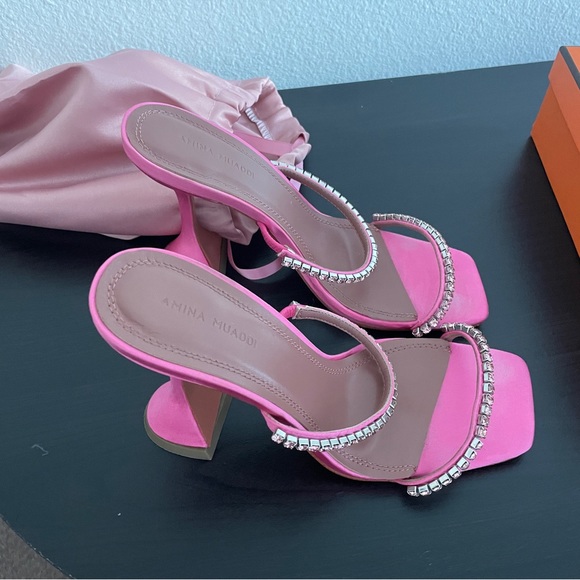 Amina Muaddi Shoes Amina Muaddi Gilda Pink Rhinestone Heel Slides